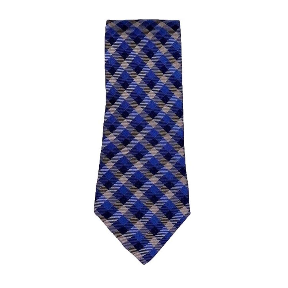 Jhane‎ Barnes Menswear Neck Tie Silk Plaid Blue Gray Black Mens